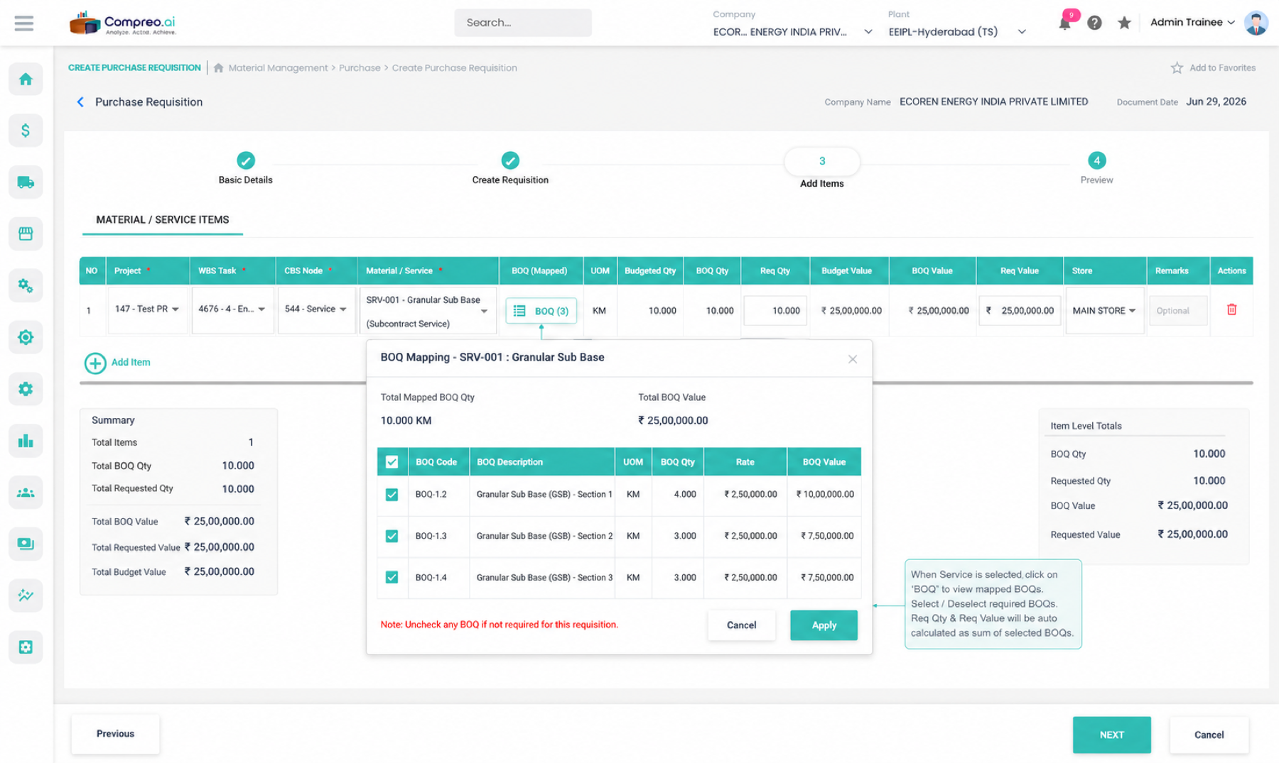 Compreo — Create Purchase Requisition with BOQ mapping