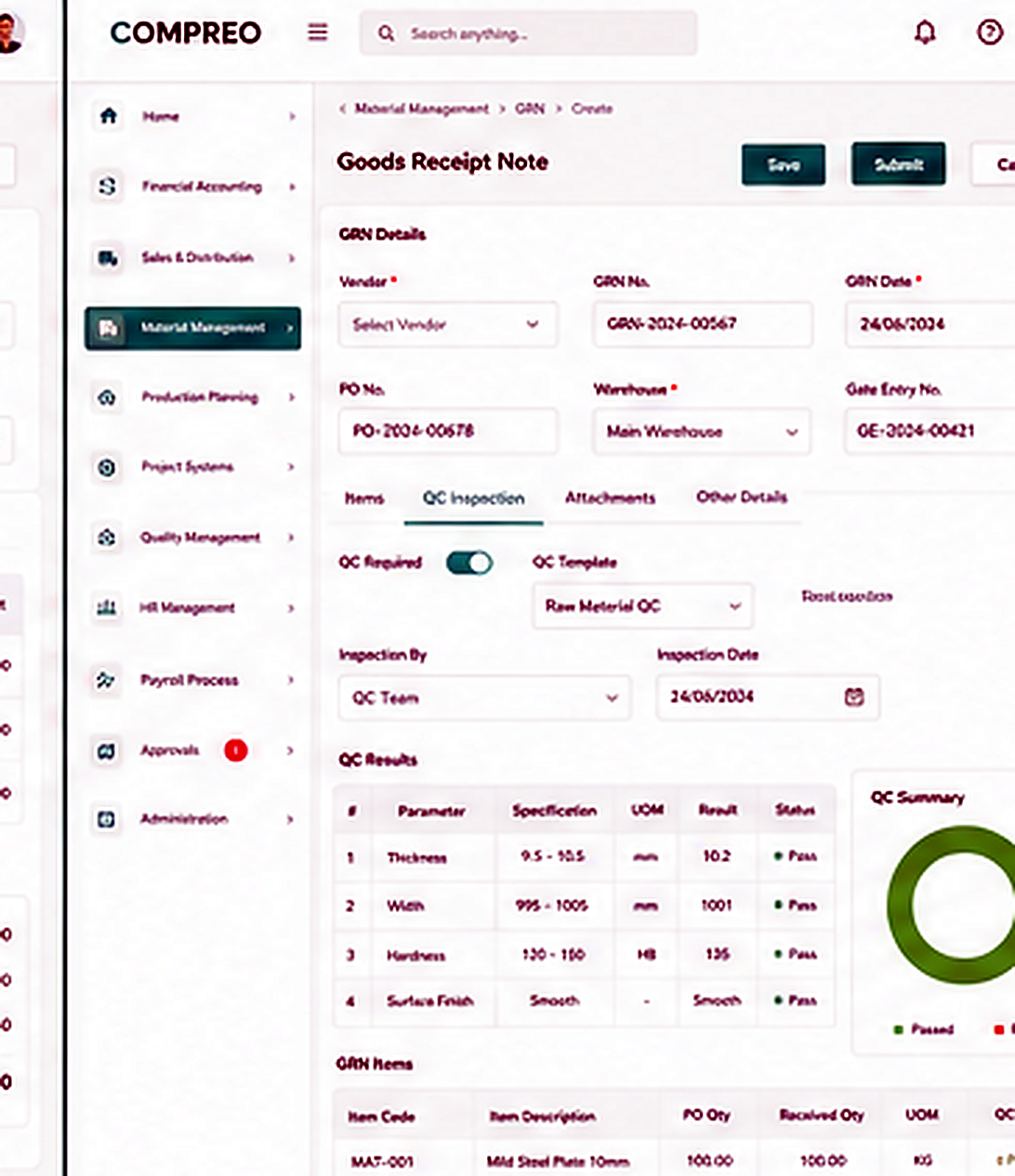 Compreo Goods Receipt Note with QC inspection gate